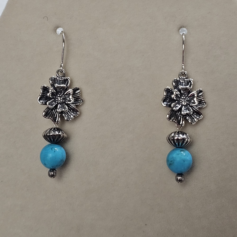Southwestern Flower Dangle Earrings Oxidized 925 Silver and Howlite Beads - Picture 10 of 14